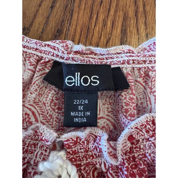 Ellos Peasant Blouse 1X 22/24 Apple Red Medallion Ruffle Trim Cap Sleeve Boho - Picture 12 of 12